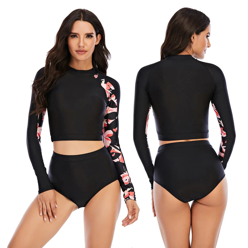Women Two Pieces Swimsuit Rash Guard Long Sleeve Swimwear Women Bathing Suit Floral Print Swimsuit Surfing Swim Shirts