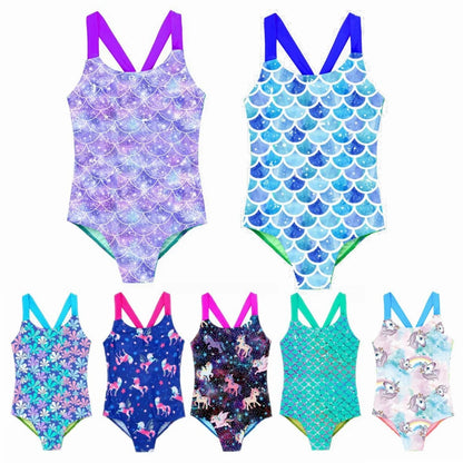 Girls Printed Swimsuit One-Piece Sleeveless Wide Shoulder Straps Sapphire for with Horse And Stars Pattern Printing
