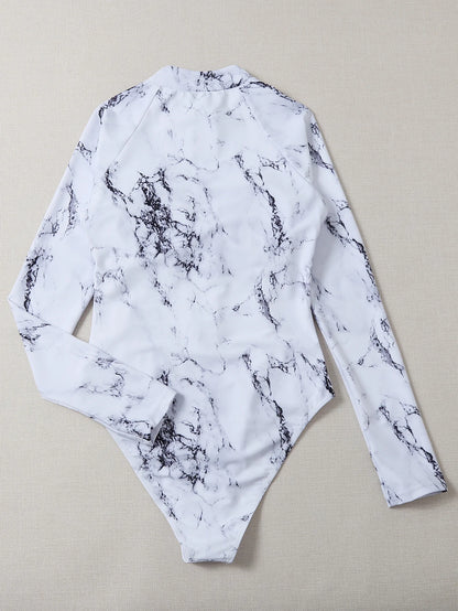 Marble Design Blue Black White Print Color One-Piece Swimsuit Long Sleeve Swimwear Sports Women's Swimming Bathing Suit Beach Bather Surfing Swim Wear