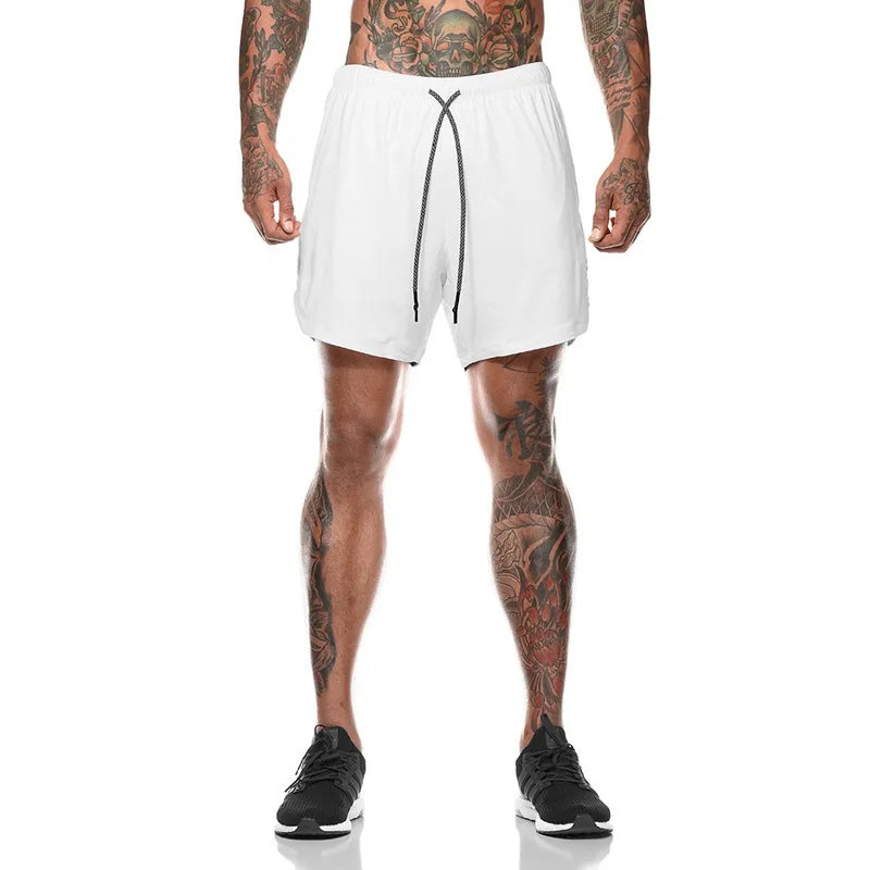 European Men's Sports Summer Double Layer Mobile Phone Pants Gym Exercise Jogging Training Shorts
