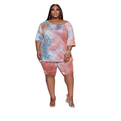 Plus Size Two Piece Set Women Wholesale Shorts Sets Tie Dye Casual Tshirt Crop Top and Short Pants Summer Tracksuit