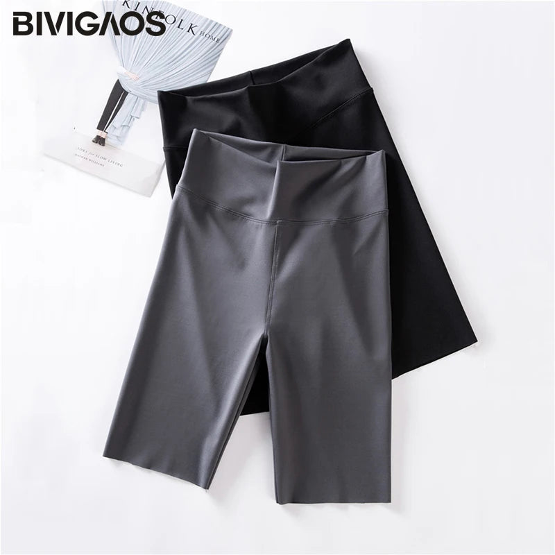 Summer Sharkskin Fabric Biker Shorts Women's Thin Black Cycling Shorts Slim Skinny Sport High Waist Fitness Shorts