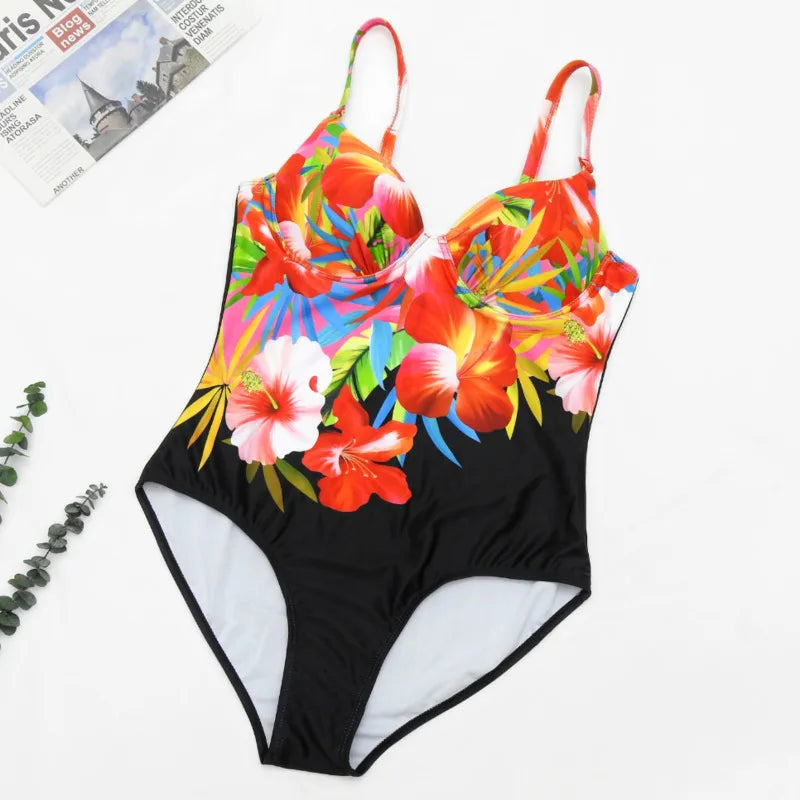 Floral Large Size Swimwear With Push Up Plus Size One-piece Female Swimsuit Closed Body Bathing Suits Women Swim Beach Pool