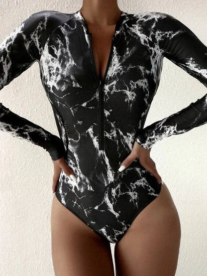 White Solid Color One-Piece Swimsuit Long Sleeve Swimwear Sports Women's Swimming Bathing Suit Beach Bather Surfing Swim Wear