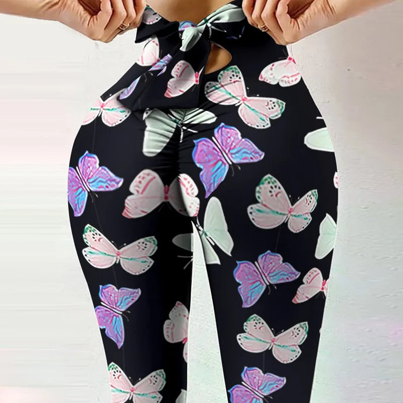 Butterfly Print Leggings Cute Bow High Waist Fitness Pants Hip Lift Workout Leggins Leopard Push Up Leggin