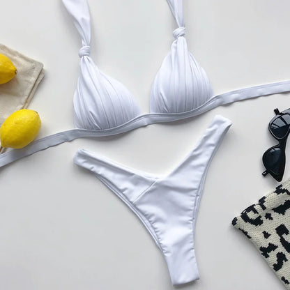 Halter Bra Cup Bikini Swimsuit Female White Swimwear Women Push up Bikini set Brazilian Bathing Suit Bandeau Swim suit