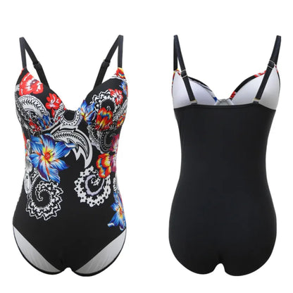 One Piece Swimsuit Closed Large Size Print Swimwear Women Flower Push Up Swimsuits Body Female Beach Bathing Suit XXL