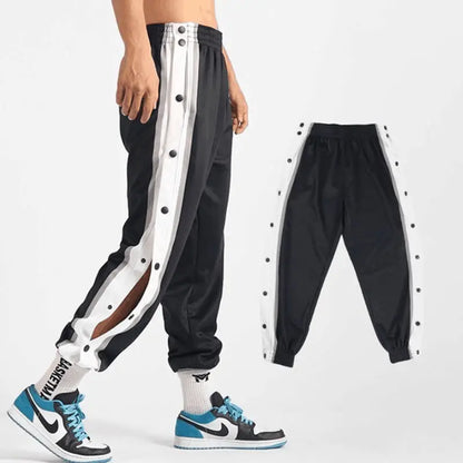 Harajuku Fashion Sports Men Pants Daily Outdoor Basketball Sweatpants Hollow Out Side Stripe Button Fly Design Creative Trousers
