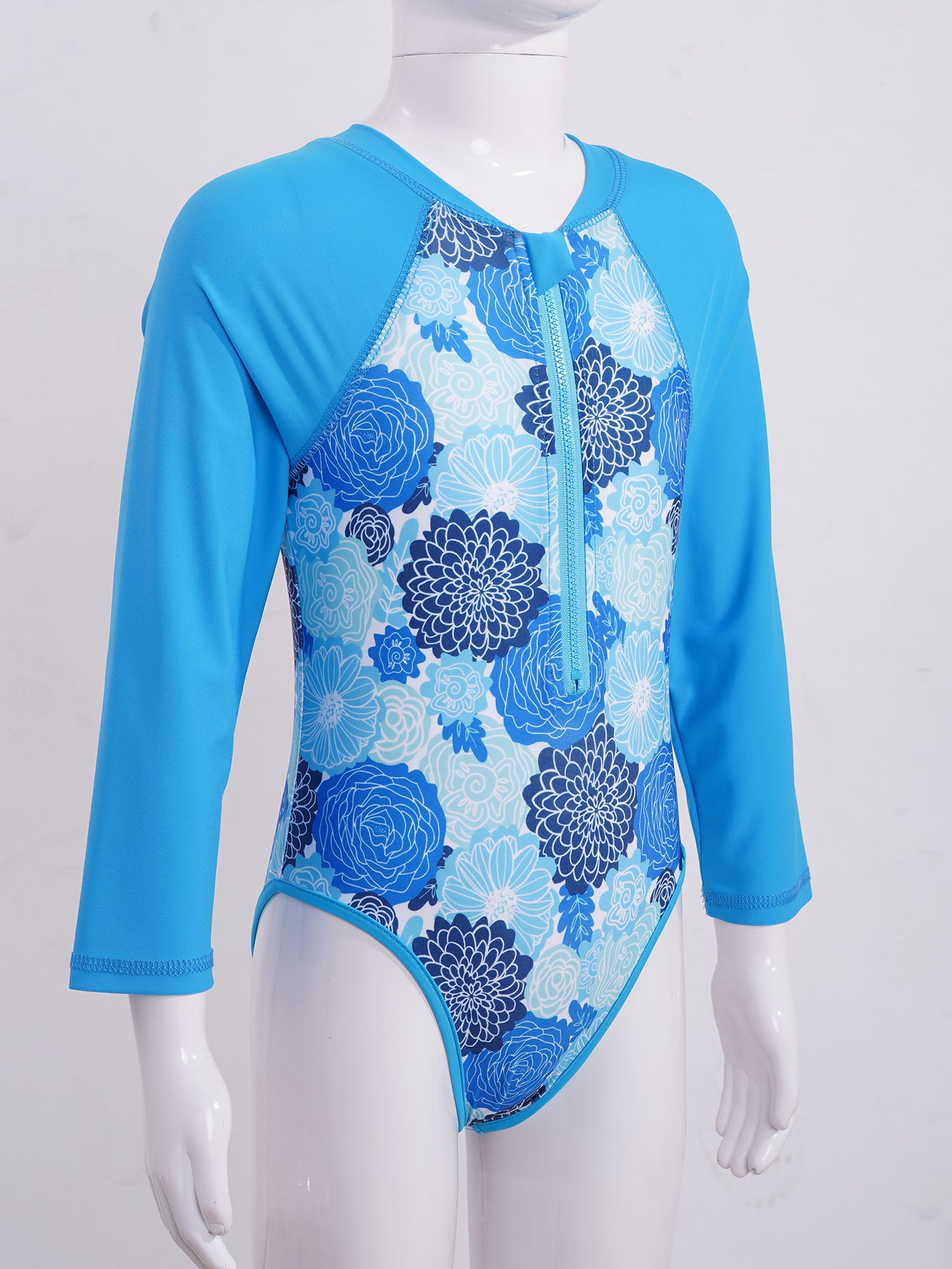 Summer Swimming One-piece Kids Girls Swimsuit Rash Guard Long Sleeves Palm Printed Zippered Bathing Suit Swimwear Beach Wear