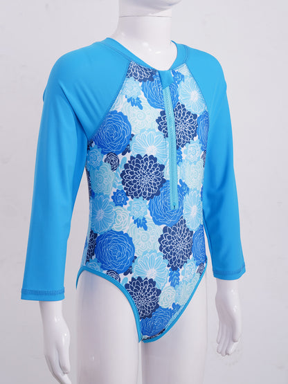 Summer Swimming One-piece Kids Girls Swimsuit Rash Guard Long Sleeves Palm Printed Zippered Bathing Suit Swimwear Beach Wear