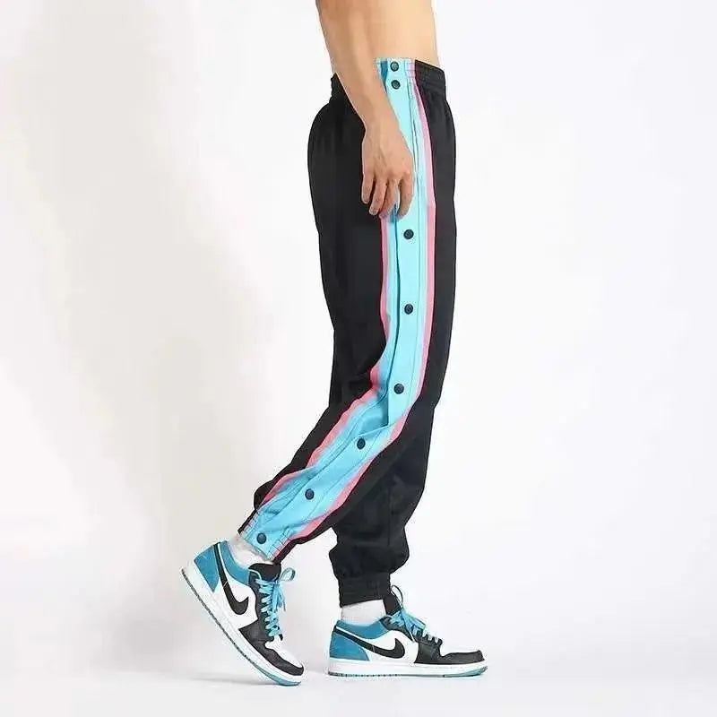 Harajuku Fashion Sports Men Pants Daily Outdoor Basketball Sweatpants Hollow Out Side Stripe Button Fly Design Creative Trousers