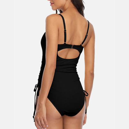 Anfilia Women's Ribbed One Piece Swimsuits Tie Side High Cut Bathing Suits Padded Monokinis Swimwear