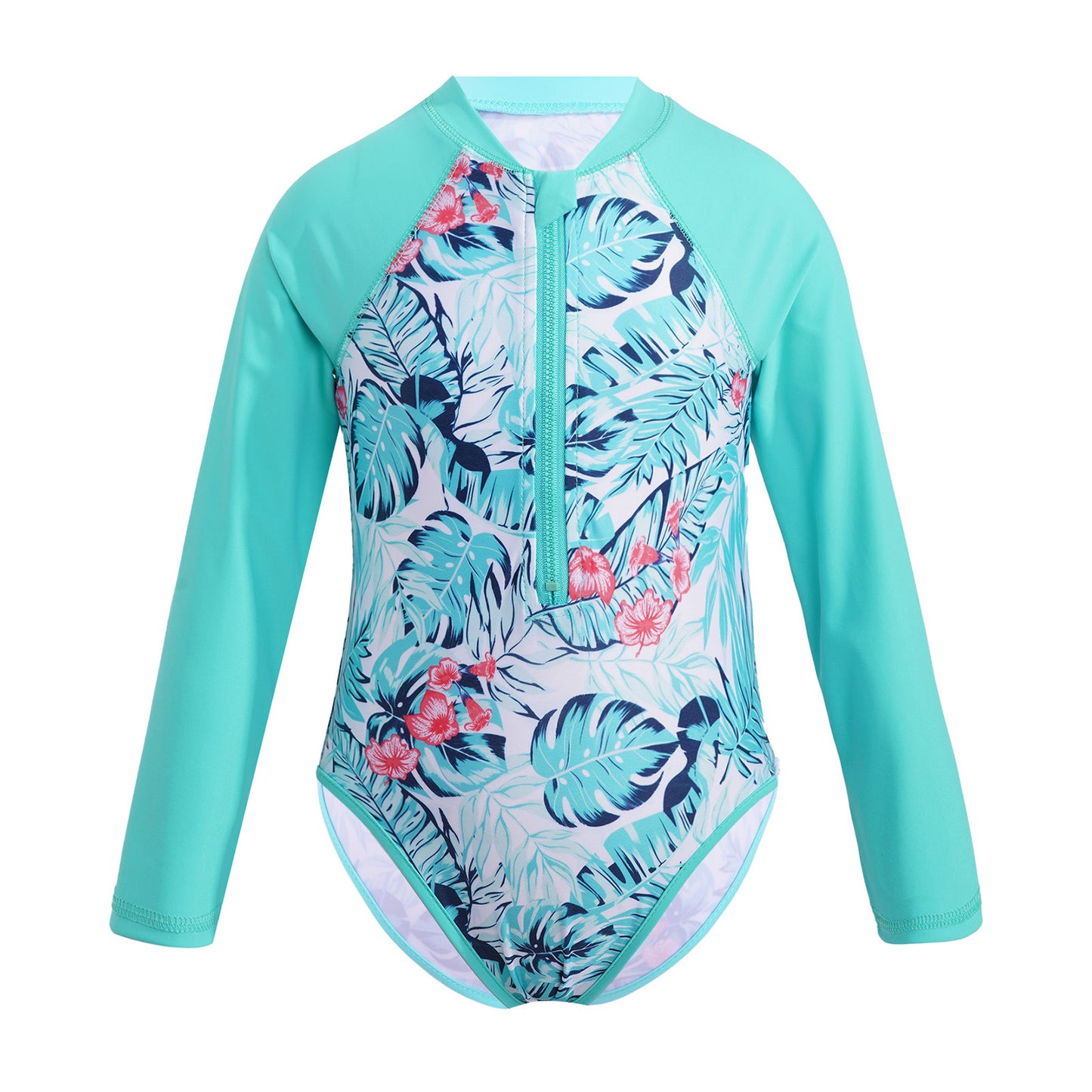Summer Swimming One-piece Kids Girls Swimsuit Rash Guard Long Sleeves Palm Printed Zippered Bathing Suit Swimwear Beach Wear