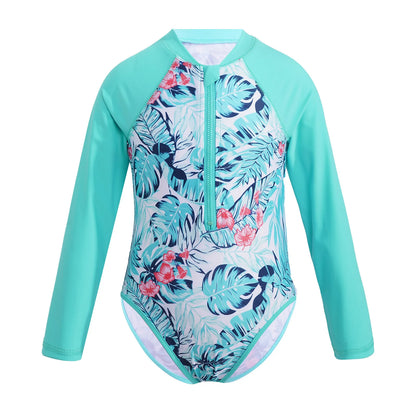 Kids Girls One-piece Swim Suits Brazilian Beachwear Long Sleeves Palm Printed Zippered Swimsuit Swimwear Bathing Suit Rash Guard