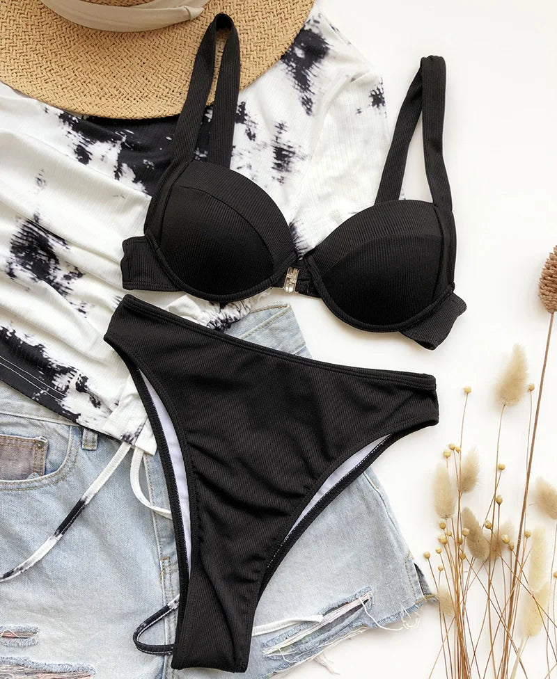 Ribbed Bra Cup High Waist Bikini Women Swimsuit Female Swimwear Two Pieces Bikini set Push Up Bather Bathing Suit Swim Lady