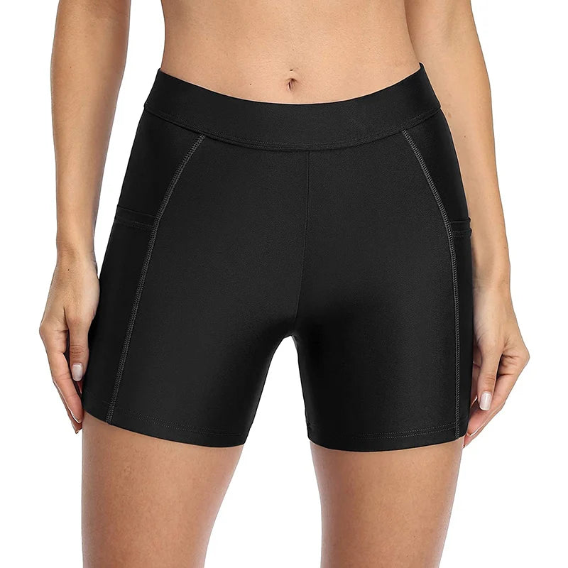 Women's Board Shorts with Pockets Solid Swimming Shorts High Rise Swim Bottoms Solid Swimwear Trunks