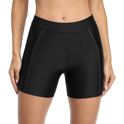 Women's Board Shorts with Pockets Solid Swimming Shorts High Rise Swim Bottoms Solid Swimwear Trunks