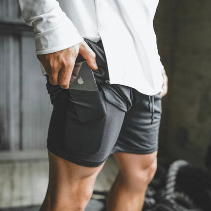 European Men's Sports Summer Double Layer Mobile Phone Pants Gym Exercise Jogging Training Shorts