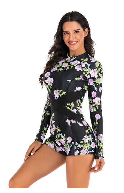 Female One-piece Wetsuit Long Sleeve Swimsuit Surfing Swimwear Women Jumpsuit Zip Front Swimsuit Diving Snorkeling Rash guard 2XL