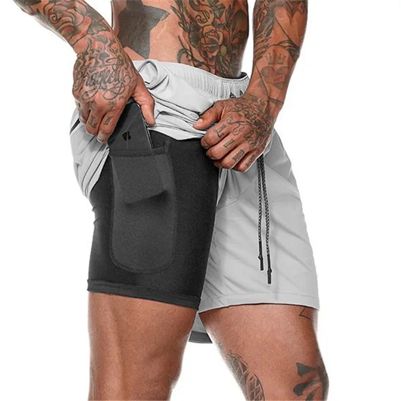 European Men's Sports Summer Double Layer Mobile Phone Pants Gym Exercise Jogging Training Shorts