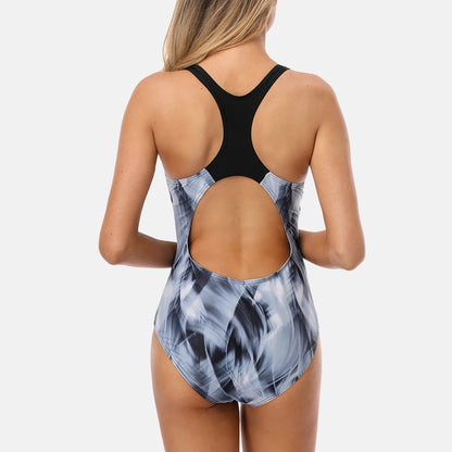 Anfilia Women One Piece Sports Swimwear Watercolor Printed Sports Swimsuit Cutout Sexy Colorblock Bodysuit Fitness Monokini