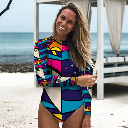 Surfing Sport Long Sleeves Swimsuit For Women Floral Printed High Quality Swimwear Patchwork Bathing Suit Tropical Summer