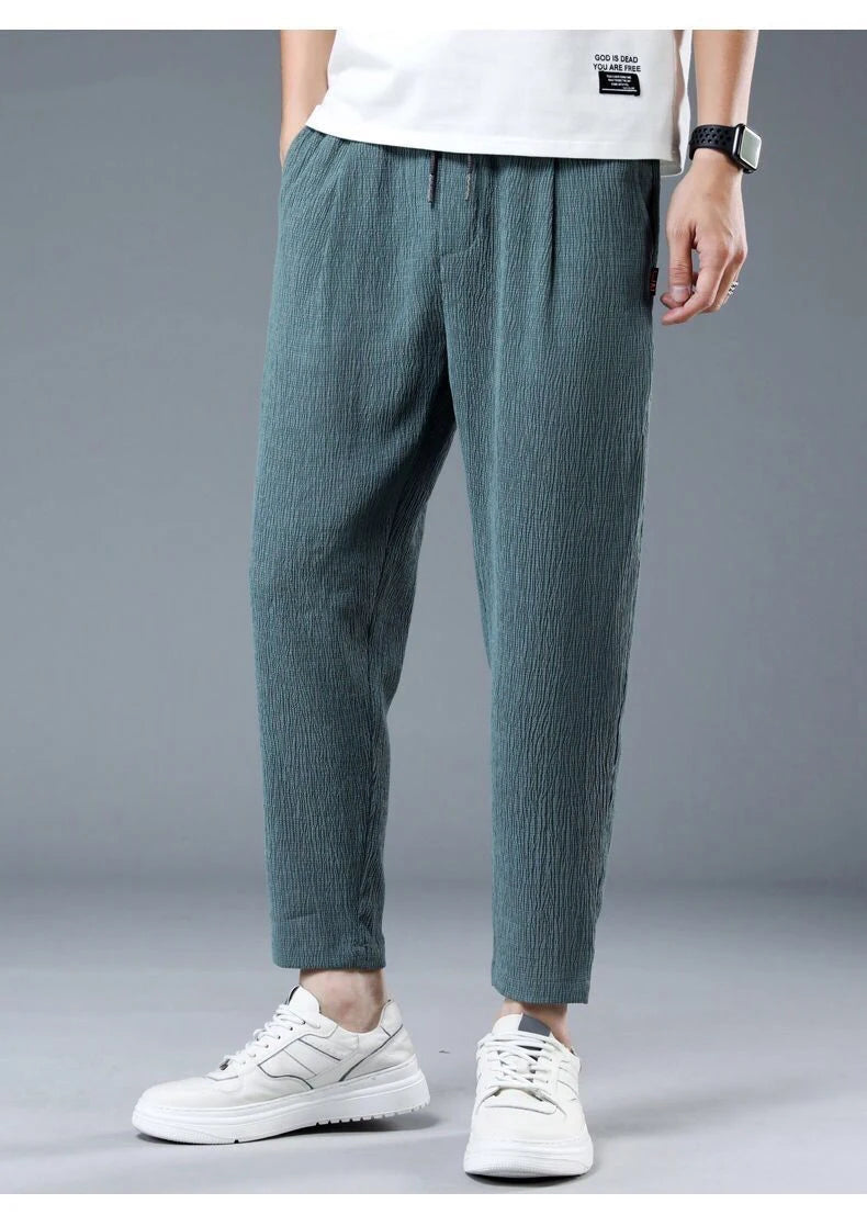 Ice Silk Linen Man Sport Pants Casual Wide Summer Sweatpants Male Drawstring Spring Autumn Lightweight Halking Harem Trousers
