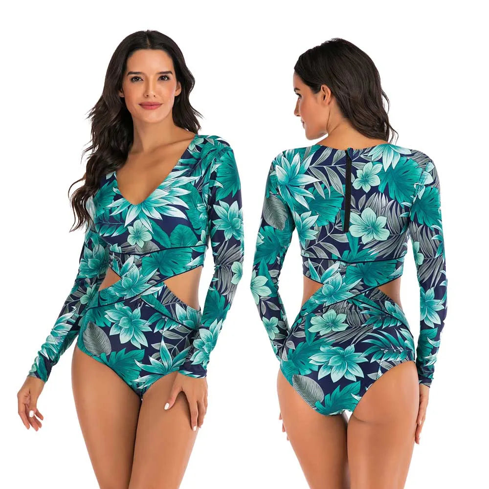 Female One-piece Wetsuit Long Sleeve Swimsuit Surfing Swimwear Women Jumpsuit Zip Front Swimsuit Diving Snorkeling Rash guard 2XL