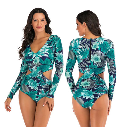 Female One-piece Wetsuit Long Sleeve Swimsuit Surfing Swimwear Women Jumpsuit Zip Front Swimsuit Diving Snorkeling Rash guard 2XL