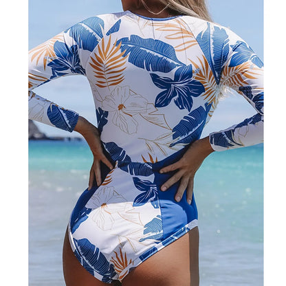 Surfing Sport Long Sleeves Swimsuit For Women Floral Printed High Quality Swimwear Patchwork Bathing Suit Tropical Summer