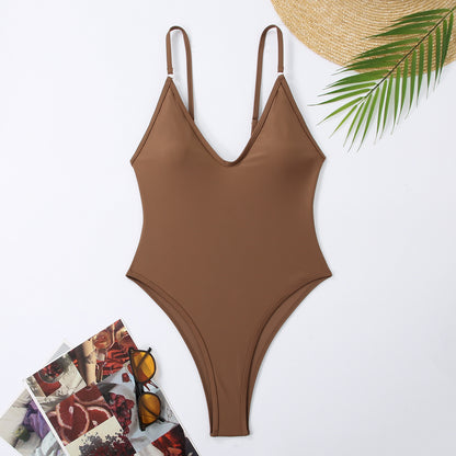 Solid One Piece Swimsuit Women Summer Simple Style Swimwear Thong Monokini Bathing Suit