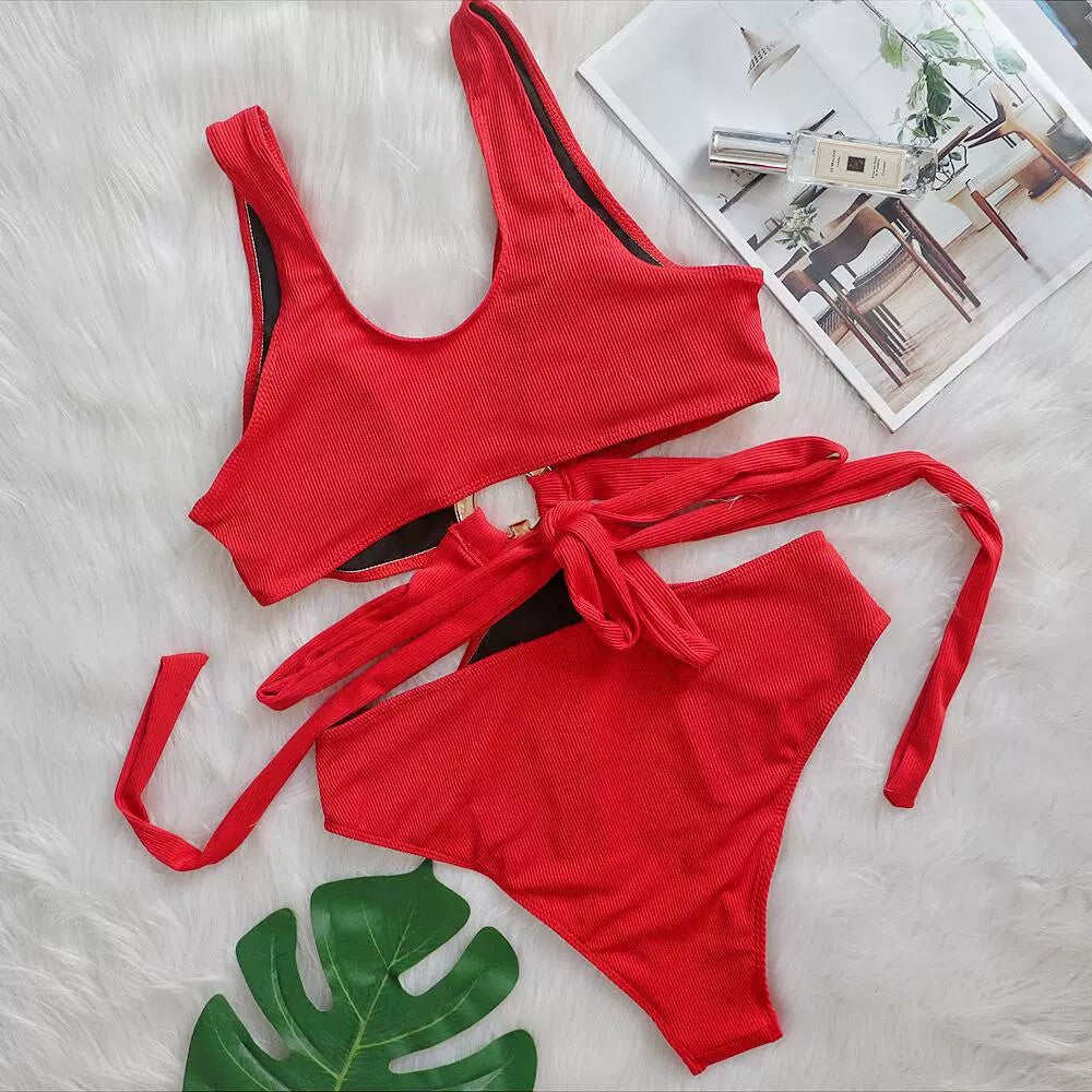 Leaves Printed High Cut Out Women Swimwear One Piece Swimsuit Female High Waist Monokini Bather Bathing Suit Swim Lady