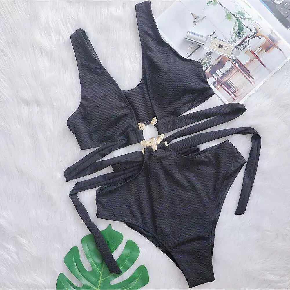 Leaves Printed High Cut Out Women Swimwear One Piece Swimsuit Female High Waist Monokini Bather Bathing Suit Swim Lady
