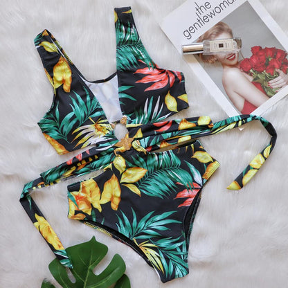 Leaves Printed High Cut Out Women Swimwear One Piece Swimsuit Female High Waist Monokini Bather Bathing Suit Swim Lady