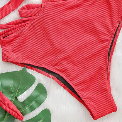 Leaves Printed High Cut Out Women Swimwear One Piece Swimsuit Female High Waist Monokini Bather Bathing Suit Swim Lady