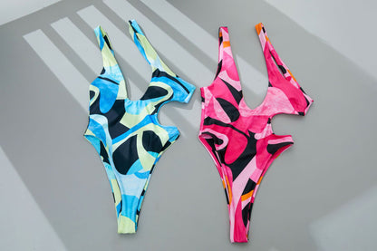 Asymmetric Printed One Shoulder Women Swimwear One Piece Swimsuit Female Backless Monokini High Cut Bathing Suit Swim Bodysuit