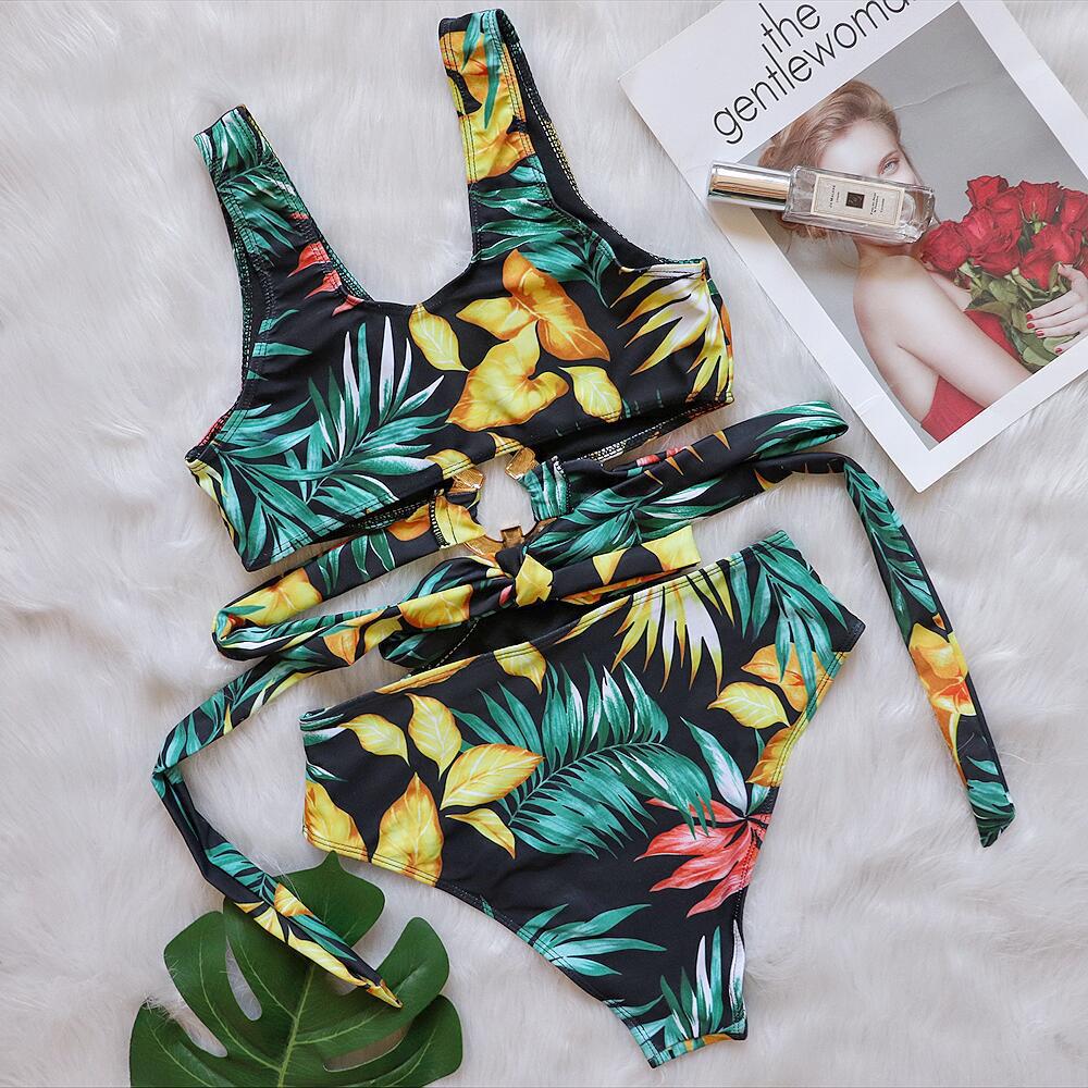 Leaves Printed High Cut Out Women Swimwear One Piece Swimsuit Female High Waist Monokini Bather Bathing Suit Swim Lady