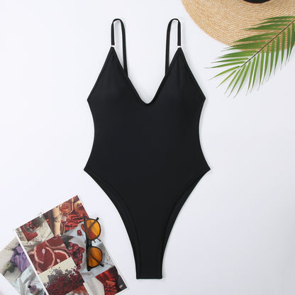 Solid One Piece Swimsuit Women Summer Simple Style Swimwear Thong Monokini Bathing Suit