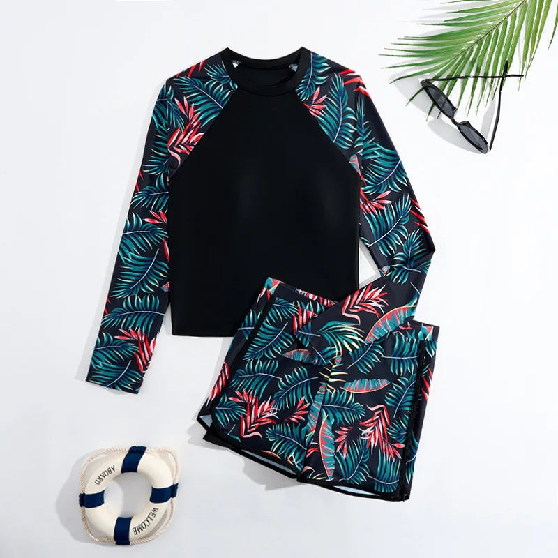 Women's Swimsuit Tankini Set Female Long Sleeves Swimwear Surfing Sports Pool Beachwear Two-Piece Bathing Suits With Shorts