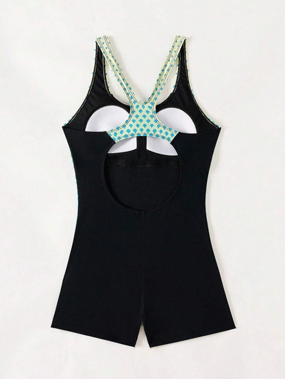 Print Patchwork Sport One Piece Swimsuit For Women Swimwear Backless Monokini Professional Swimming Suit For Women XXL