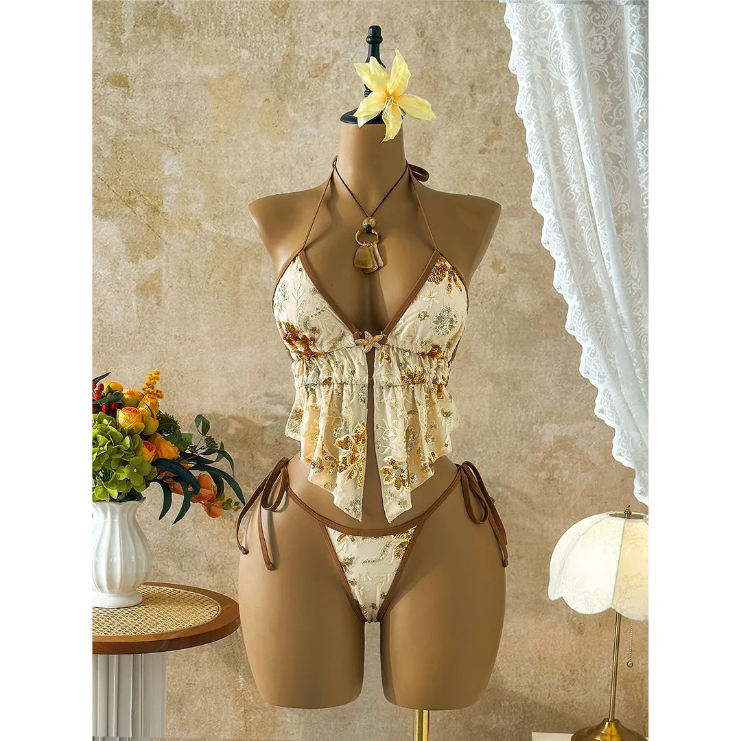 Glitter Sequin Design Stitching Printed Tankini Halter Bikini Women Swimwear Female Swimsuit Two-pieces Bikini set Bather Bathing Suit Swim