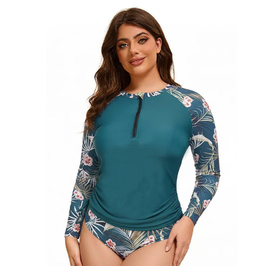 Women Plus Size Long Sleeve Swimwear Flower Printed Bathing Suit Rash Guard Built in Bra Swim Shirt  Two Piece Swimsuit XL-5XL