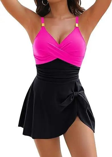 Tummy Control Women Swimdress One Piece Slim & Comfortable Ruched & Cross Swimwear Elasticity & Quick Drying Beachwear