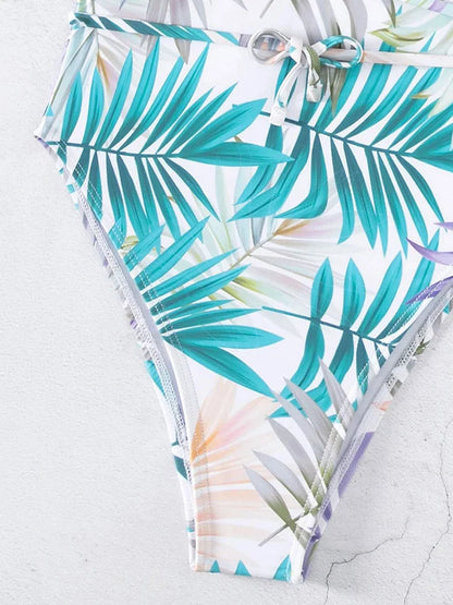 Color Print Deep V Swimwear Women Backless Cross Hollow Belt One Piece Swimsuit Monokini Summer Bathing Suit