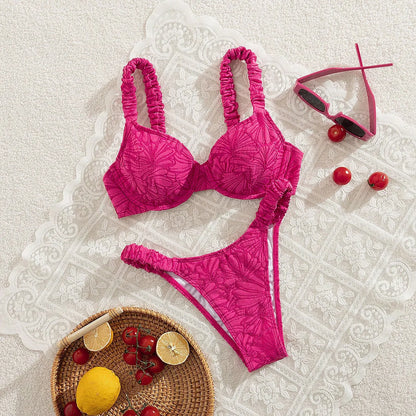 Rose Red Swimsuit Women Pleated Halter Beachwear Holiday Fashion Bikini Set Summer Female Two-piece Bathing Suit
