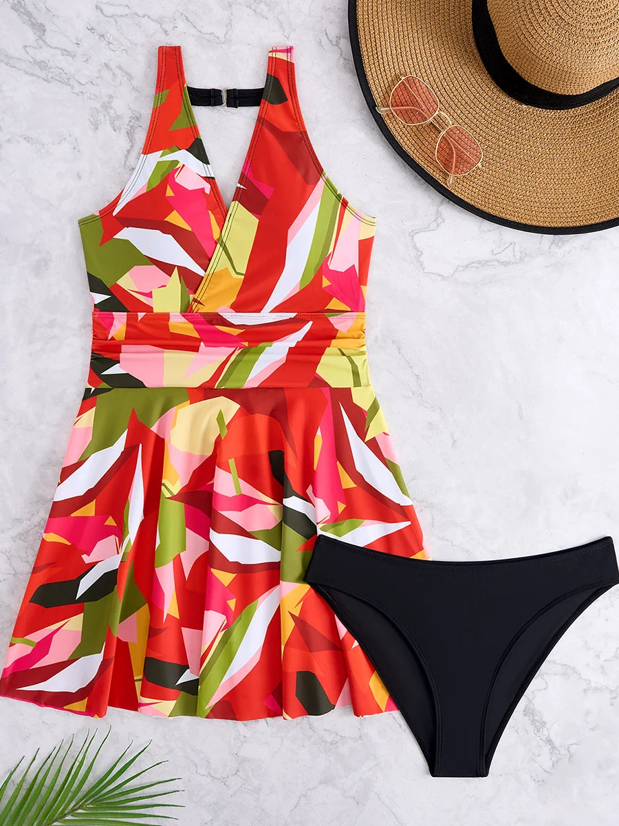 Tankini Beach Dress Two Pieces Swimsuit Women Printed Swimwear Female Bathers Bathing Swimming Swim Suit Beachwear