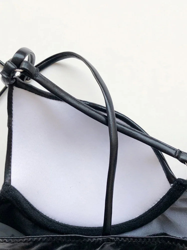 Shiny Faux Leather PU Bikini Women Swimsuit Bra Cup Bikinis Female Swimwear Two Pieces Bikini Set Push Up Bathing Suit Swim