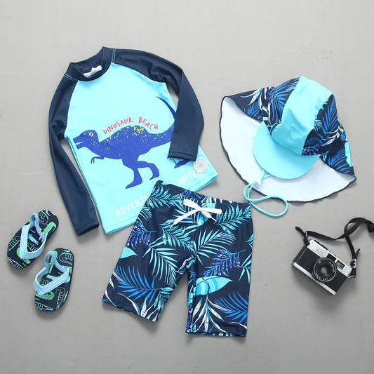 UPF50+ Swimsuit Kids Cartoon Shark Dinosaur Toddler Baby Boy Bathing Suit Long Sleeve Children's Swimwear 2-9 Years Swim Clothes