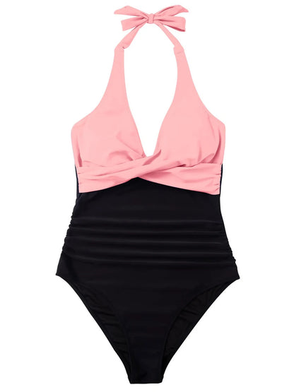 Halter Swimsuit Women One Piece Printed Cross Smocked Swimwear Female Bodysuit Bathing Swimming Suit Padded Beachwear
