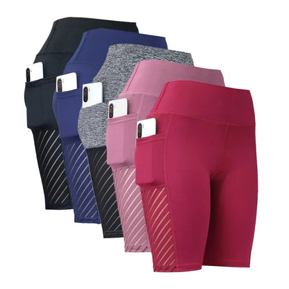 Women Mesh Shorts with Pocket Seamless Slim Leggings Gym Workout Sports Shorts Stretchy High Waist Butt Lifting Yoga Leggings